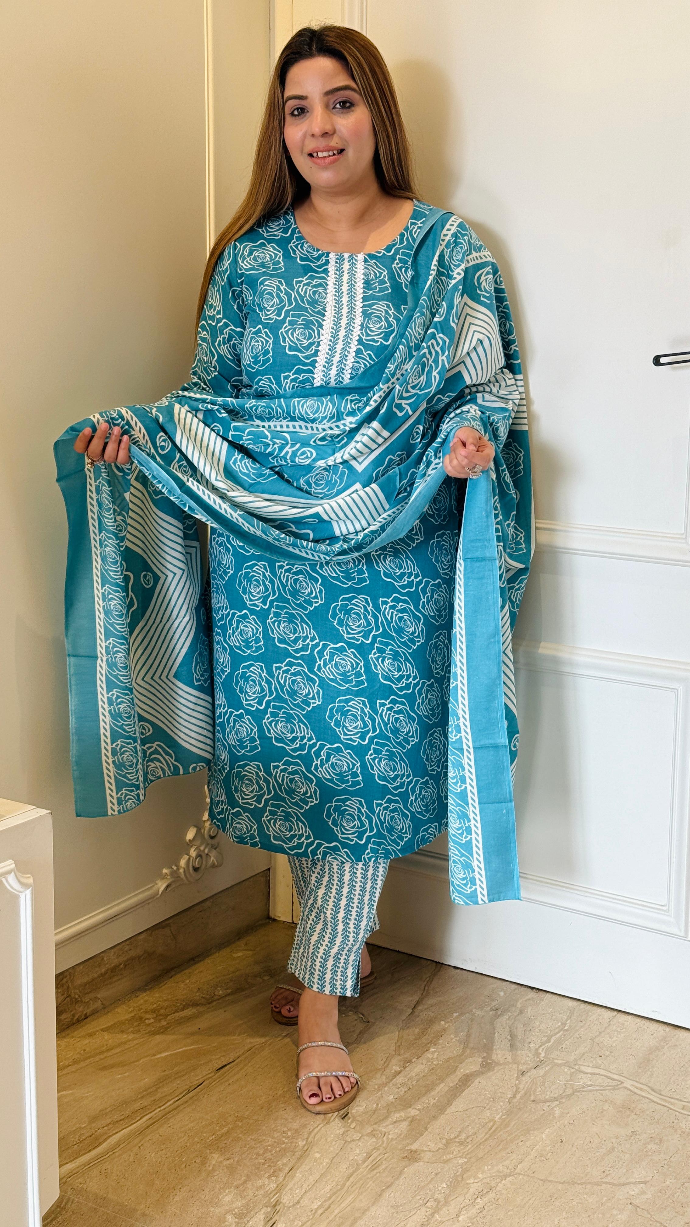 Blue & Purple Serene Cotton Suit Set